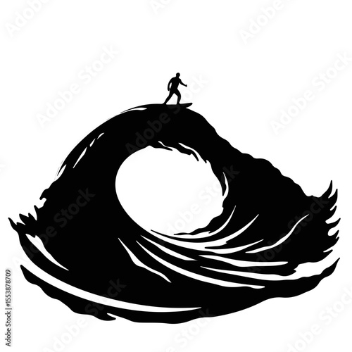 Silhouette of a person surfing on a colossal wave, black and white, isolated on white background, adventure and action sports concept.