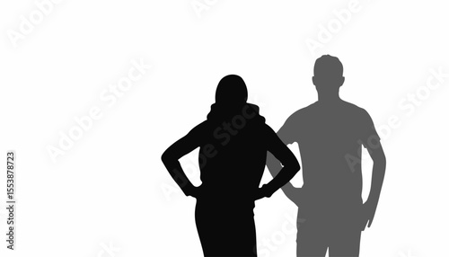 Silhouette of person standing confidently in life jacket with hands on hips, black and white, isolated background, concept of safety and adventure.