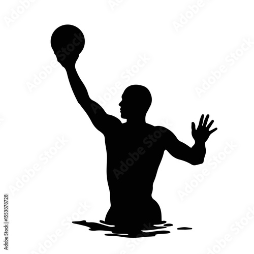 Silhouette of a water polo player reaching for a ball, black and white illustration on a white background, sports and athleticism concept.