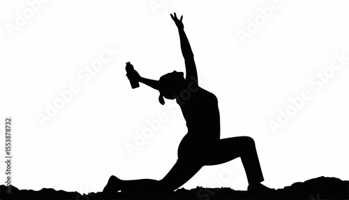 Silhouette of woman stretching with water bottle raised in the shade, black and white concept for fitness and wellness.