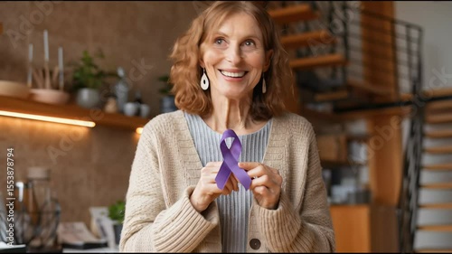 Woman holding purple Ribbon for supporting people with Pancreatic Cancer, world Alzheimer, epilepsy, lupus