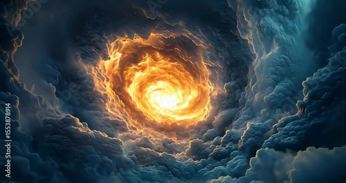 Swirling vortex of orange and yellow light amidst dark blue clouds in a dramatic and moody sky.