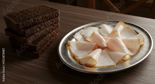 Salo cured pork fat slices with black bread on a restaurant table