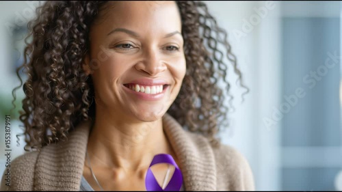 Woman holding purple Ribbon for supporting people with Pancreatic Cancer, world Alzheimer, epilepsy, lupus