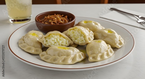 Varenyky dumplings filled with potato and cheese on a restaurant table