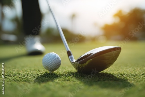 Close-up view of a golf club and golf ball positioned on the green grass du a sunny day, perfect for sports and outdoor recreation themes