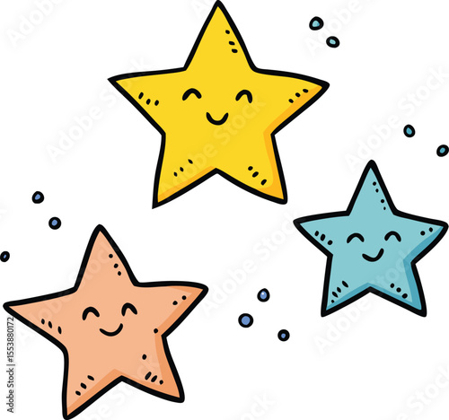 Cute Hand-Drawn Doodles of Smiling Multicolor Stars in Various Sizes and Expressions

