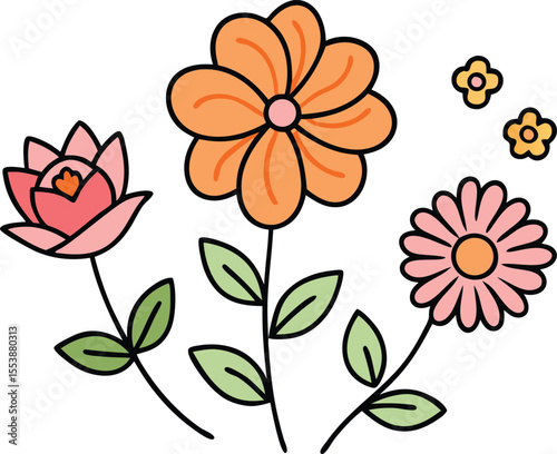 Cute Hand-Drawn Icon Set of Mixed Orange and Pink Flowers with Leaves and Tiny Buds – Doodle-Style Vector Art for Floricultura

