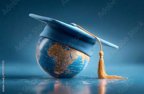 Concept illustration graduation hat on globe against blue background. Online education, global studies, university learning concepts. Represents international education, college, university, world
