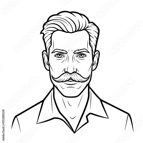 Man with classic handlebar mustache and no beard Portrait of a man with a stylish mustache and hairstyle, illustrated in black and white for barbershop theme.