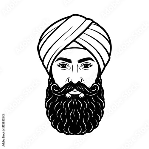 Man with thick, curled beard and turban (cultural look) Portrait of a man in a turban with a thick beard and mustache, illustrated in black and white for barbershop theme.