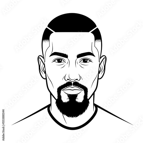 Man with goatee and closely shaved sides Portrait of a man with a stylish haircut and beard, illustrated in black and white for barbershop theme.