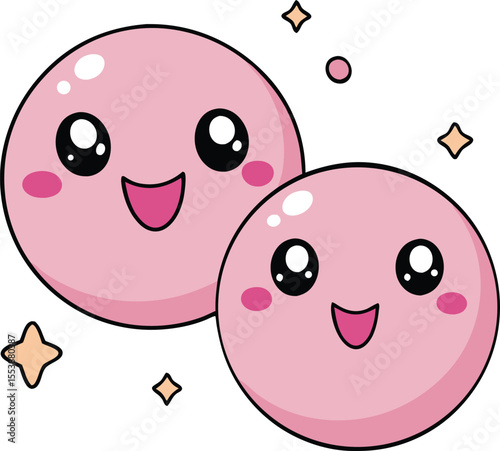 Cute Kawaii-Style Pink Emoji Doodles with Happy and Loving Emotions – Vector Pattern with Sparkles and Hearts

