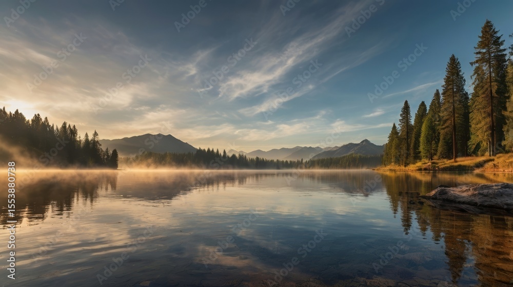 Fototapeta premium Misty Sunrise Reflections over Alpine Lake