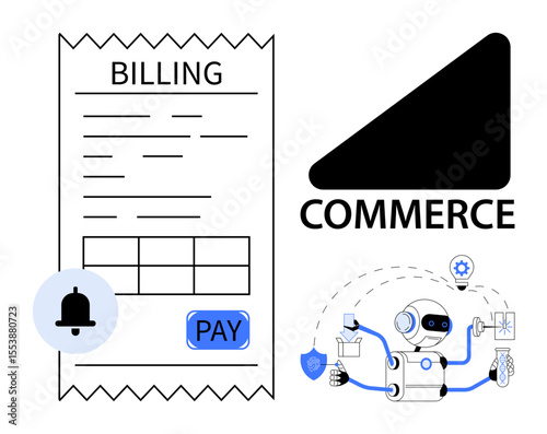 Billing receipt with payment button, notification icon, e-commerce label, and AI robot handling tasks. Ideal for technology, automation, finance, payment systems, robotics e-commerce efficiency
