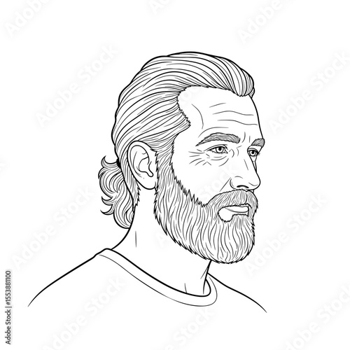 Man with salt-and-pepper beard and relaxed ponytail Profile portrait of a bearded man with long hair in a bun, illustrated in black and white for barbershop theme.
