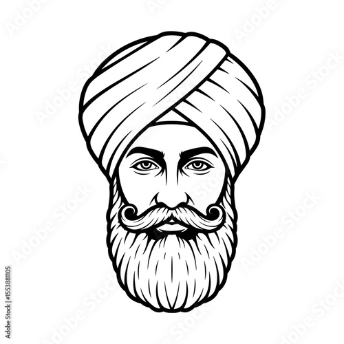 Man with thick, curled beard and turban (cultural look) Portrait of a man in a turban with a thick beard and mustache, illustrated in black and white.