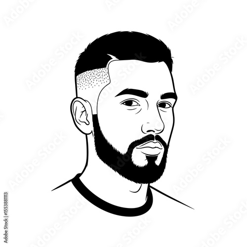 Man with chinstrap beard and faded haircut Portrait of a man with a stylish haircut and beard, illustrated in black and white for barbershop theme.
