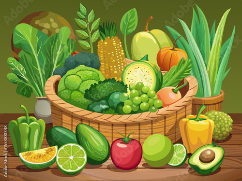 vector of Raw broccoli, apple, cucumber, spinach, peas, asparagus, avocado, lime, corn salad and mung beans, each separately in a wicker basket on a wooden table.