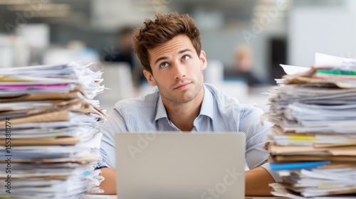 A young man looks pensive while surrounded by stacks of paperwork in a busy office environment.
