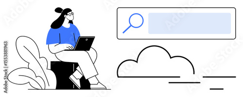 Young woman sitting outdoors on a bench, typing on a laptop. Search bar and cloud graphics appear nearby. Ideal for web services, online search, productivity, tech concepts, marketing, remote work