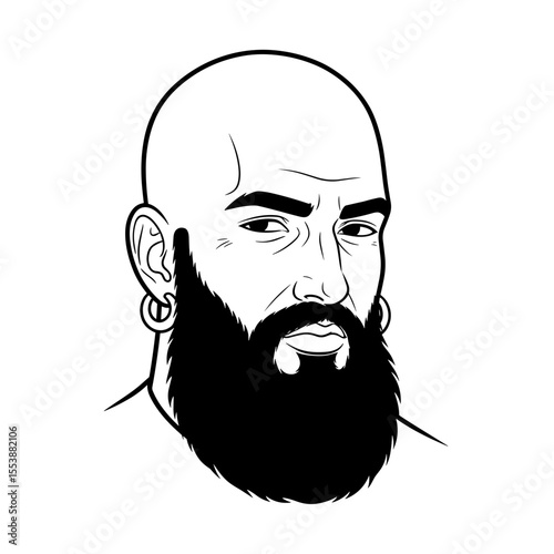 Bald man with thick, round beard and gold earrings Portrait of a bald man with a thick beard and earrings, illustrated in black and white for barbershop theme.