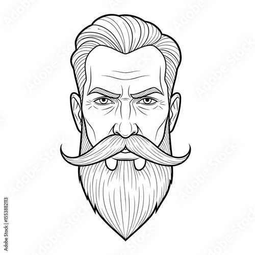Man with sculpted pointed beard and long mustache Portrait of a bearded man with a prominent mustache and serious expression, illustrated in black and white.