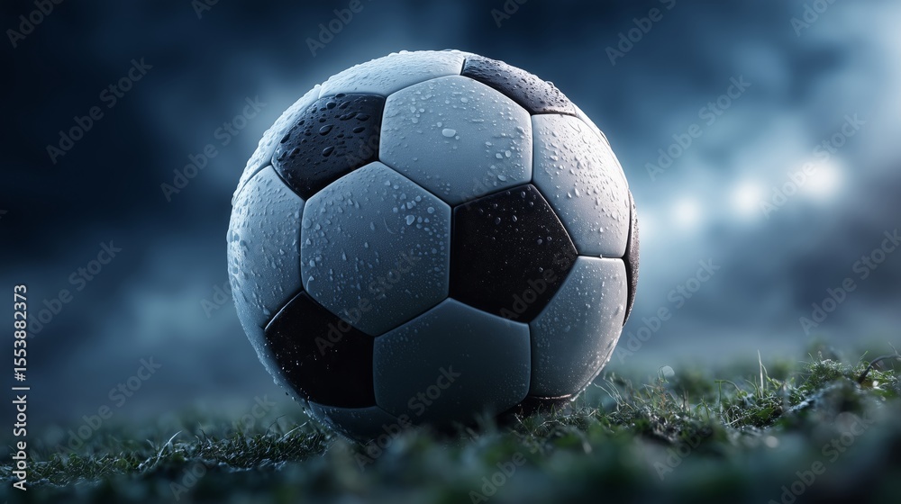 Fototapeta premium Soccer Ball on Wet Grass at Dusk