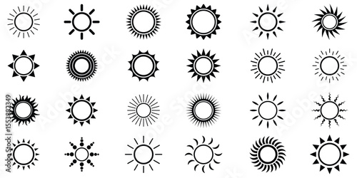 sun icons set, sunshine and solar glow, sunrise or sunset. Decorative circle full and half suns and sunlight collection. Hot solar energy for tan. Sun weather symbol collection. Sunshine. 