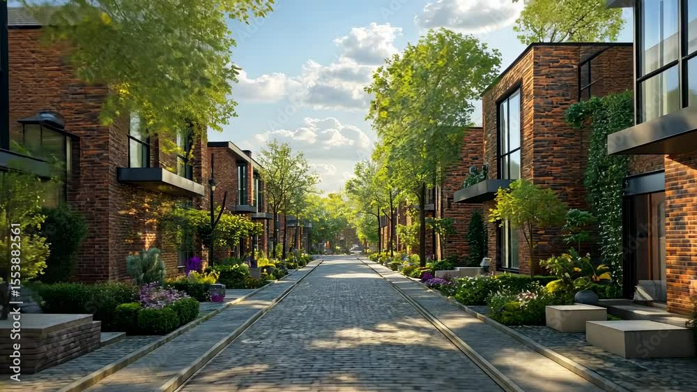 Residential street with brick townhouses Residential street with brick townhouses