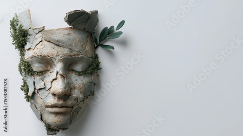 An artistic representation of a broken face mask adorned with green plants, symbolizing nature and renewal.