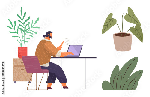 Woman focusing on laptop while seated at desk with potted plants and a neat cabinet. Ideal for productivity, home office, focus, remote work, nature, organization, simple flat metaphor