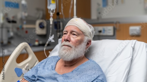 An elderly man recovering in a hospital bed, showcasing resilience and the journey of healing amid medical care.