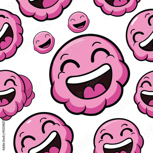 Seamless Vector Pattern of Round Pink Emoji Faces with Joyful Expressions and Blushing Cheeks – Cartoon Style

