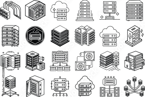Black and White Vector Illustration Server Rack Bundle Isometric Designs Blinking Lights Cable