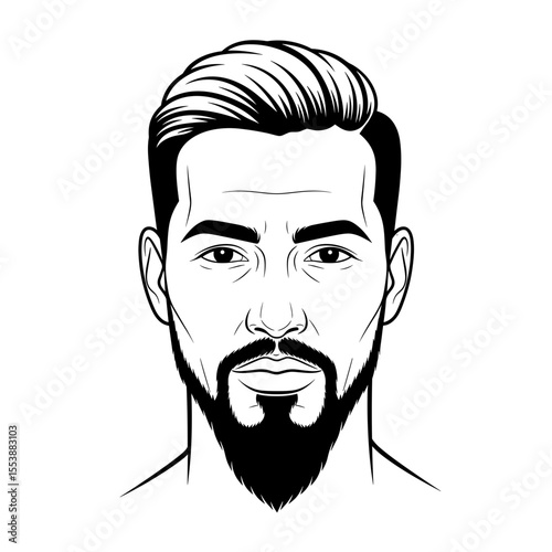 Man with extended goatee and clean cheeks Portrait of a bearded man with stylish hair and a confident expression, illustrated in black and white for barbershop theme.