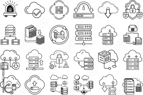 Server Backup Process Flowchart Black and White Minimalist Icons Cloud Computing Data Transfer