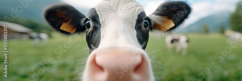 Close-up of a curious cow in a green pasture, showcasing its expressive eyes and playful personality.