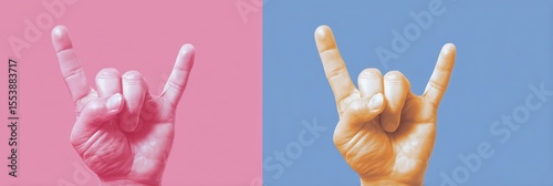 Colorful hands making a rock gesture, symbolizing fun, music, and freedom in a vibrant and energetic way.
