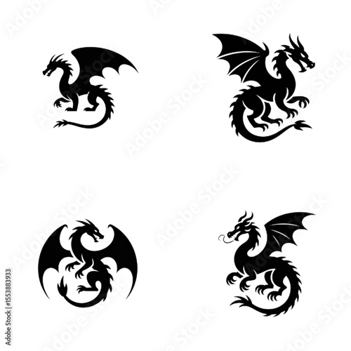 Black dragon silhouettes in various poses and styles  