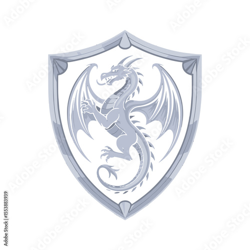 Dragon emblem on shield in monochrome illustration style  