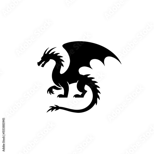 Black dragon silhouette icon with wings standing on white background  