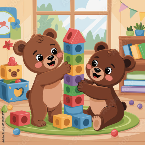 Two bear cubs playing together and building a colorful tower indoors  