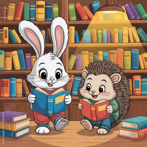 Cartoon rabbit and hedgehog reading books in a library  