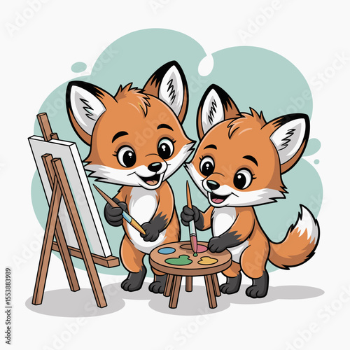 Two cute fox cubs painting together at easel on colorful background  