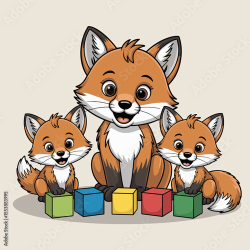 Fox cubs playing with colorful blocks and smiling together  