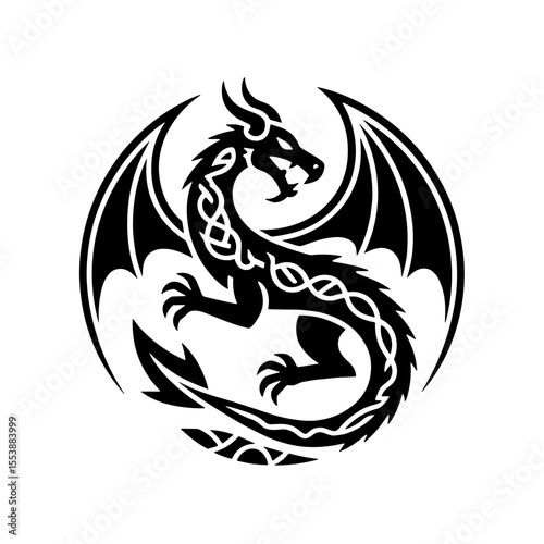 Black dragon silhouette in circular design with intricate patterns  