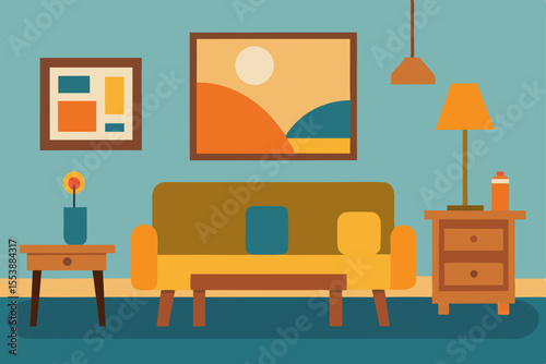 Modern living room interior with sofa, TV, and furniture, a flat vector illustration of a comfortable home design