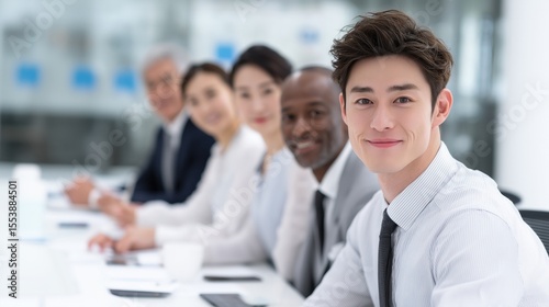 Diverse professionals engaged in a meeting, showcasing collaboration and teamwork in a modern office environment.