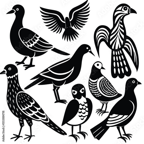 A colorful vector illustration of various birds isolated in different poses and styles